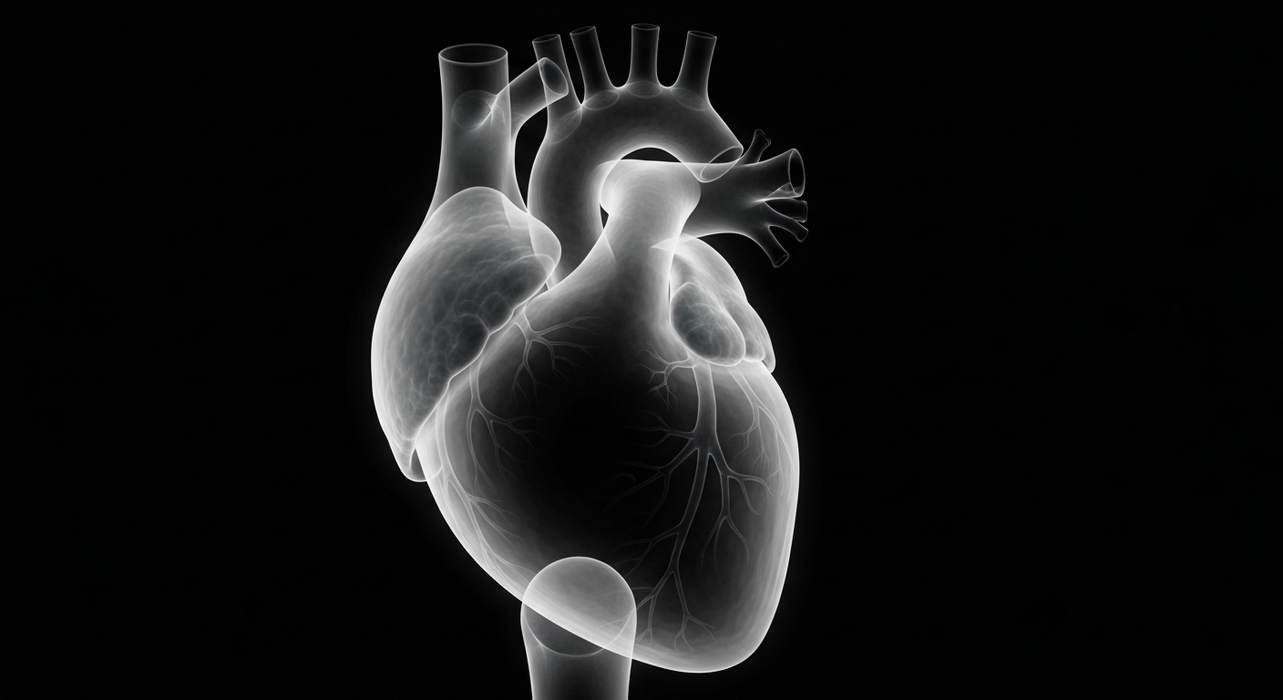 A ghostly, translucent X-ray photograph of an enlarged human heart, rendered in glowing lines against a dark background, conceptually representing the physical toll of severe obesity.