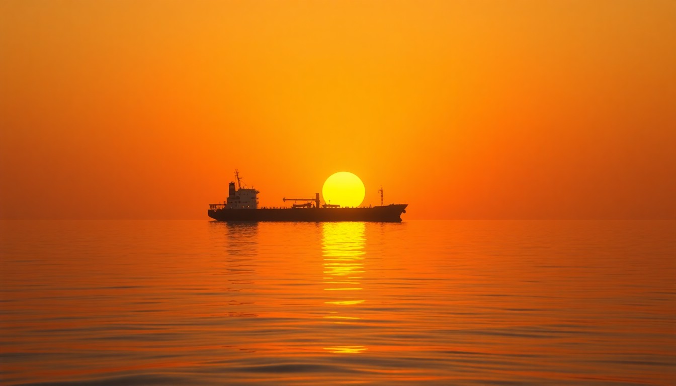 A serene, cinematic painting of a solitary oil tanker ship silhouetted against a warm, golden sunset sky, reflecting in the calm waters of the Strait of Hormuz, conveying the atmospheric tension and high stakes surrounding this critical global chokepoint.