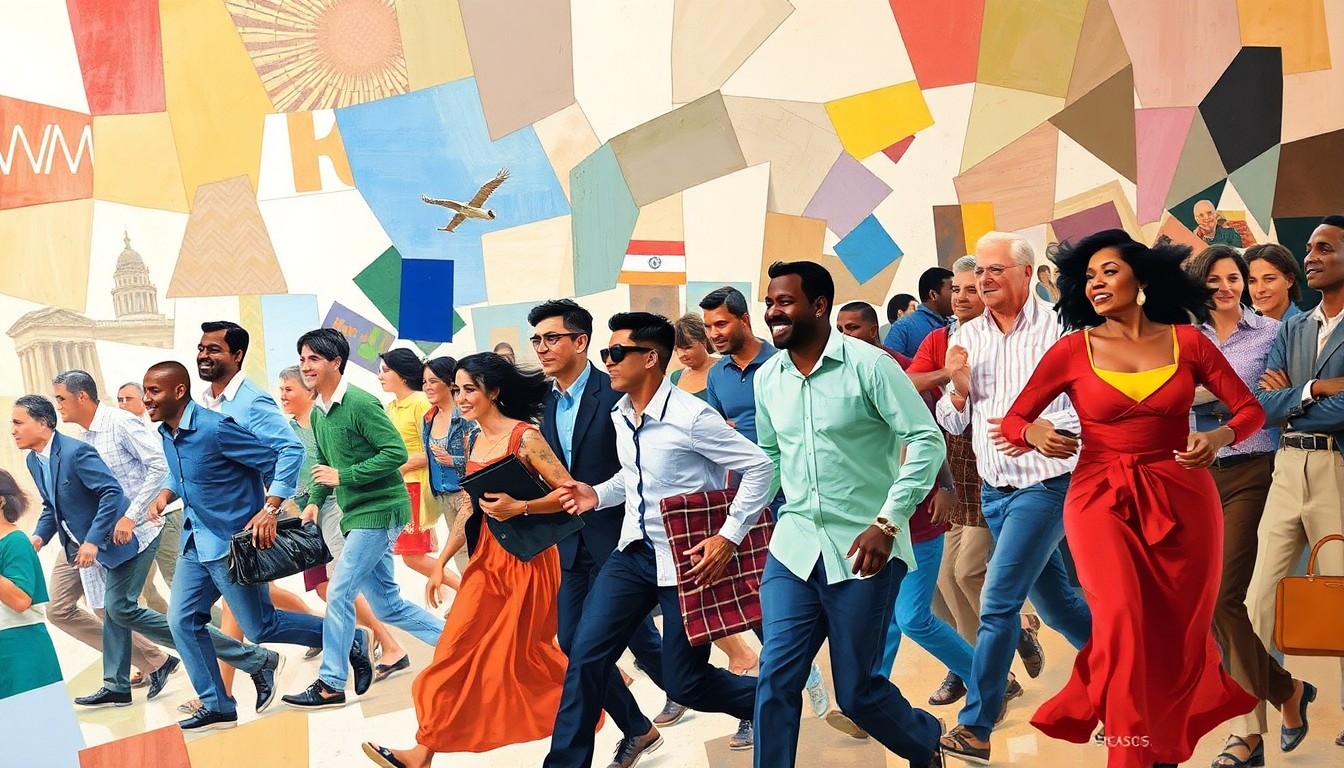 A dynamic, abstract painting with overlapping, fractured shapes in shades of blue, green, and orange, conveying the rapid demographic shifts and cultural changes in the Texas city of Frisco.