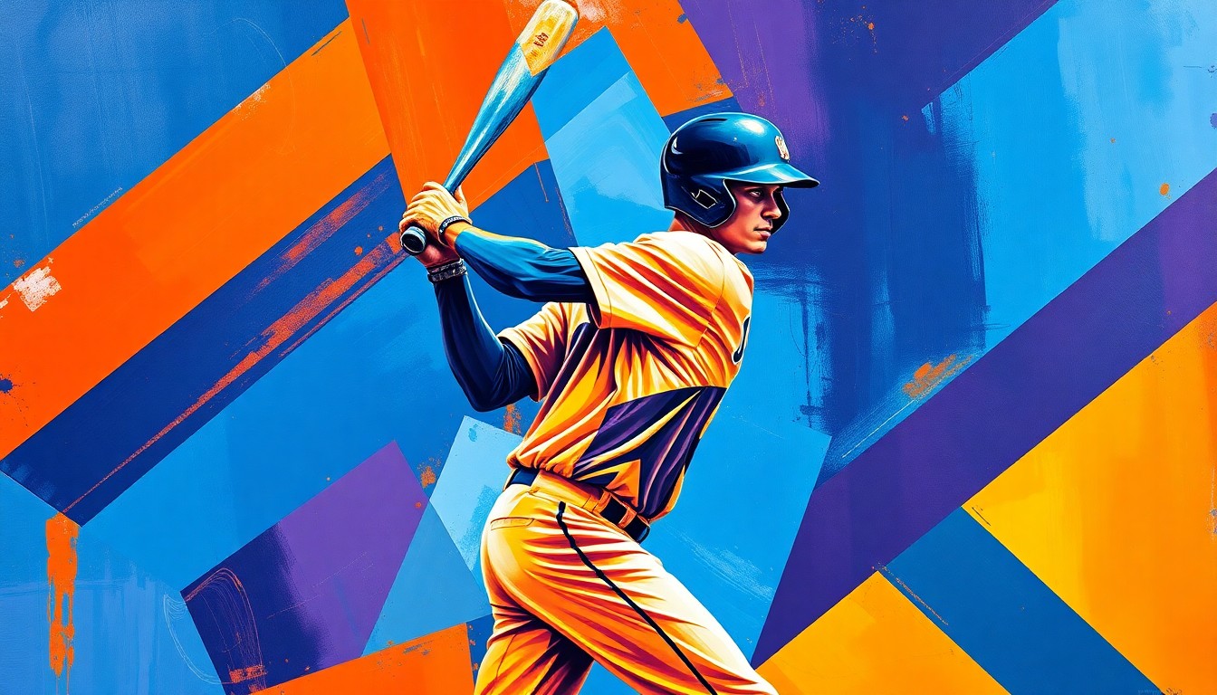 A fractured, geometric painting depicting a baseball player's batting stance or swing, with sharp, overlapping planes of vibrant colors like deep blue, bright orange, and rich purple, conceptually representing the dynamic motion and power of the sport.