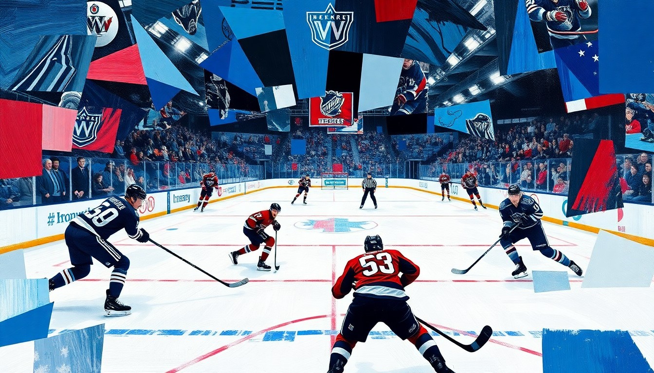 A fractured, multi-perspective painting in the style of Pablo Picasso, breaking a hockey game down into sharp, overlapping geometric planes of blue, red, and white. The painting captures the raw energy and competitive spirit of the game, with the Terriers' colors prominently featured.