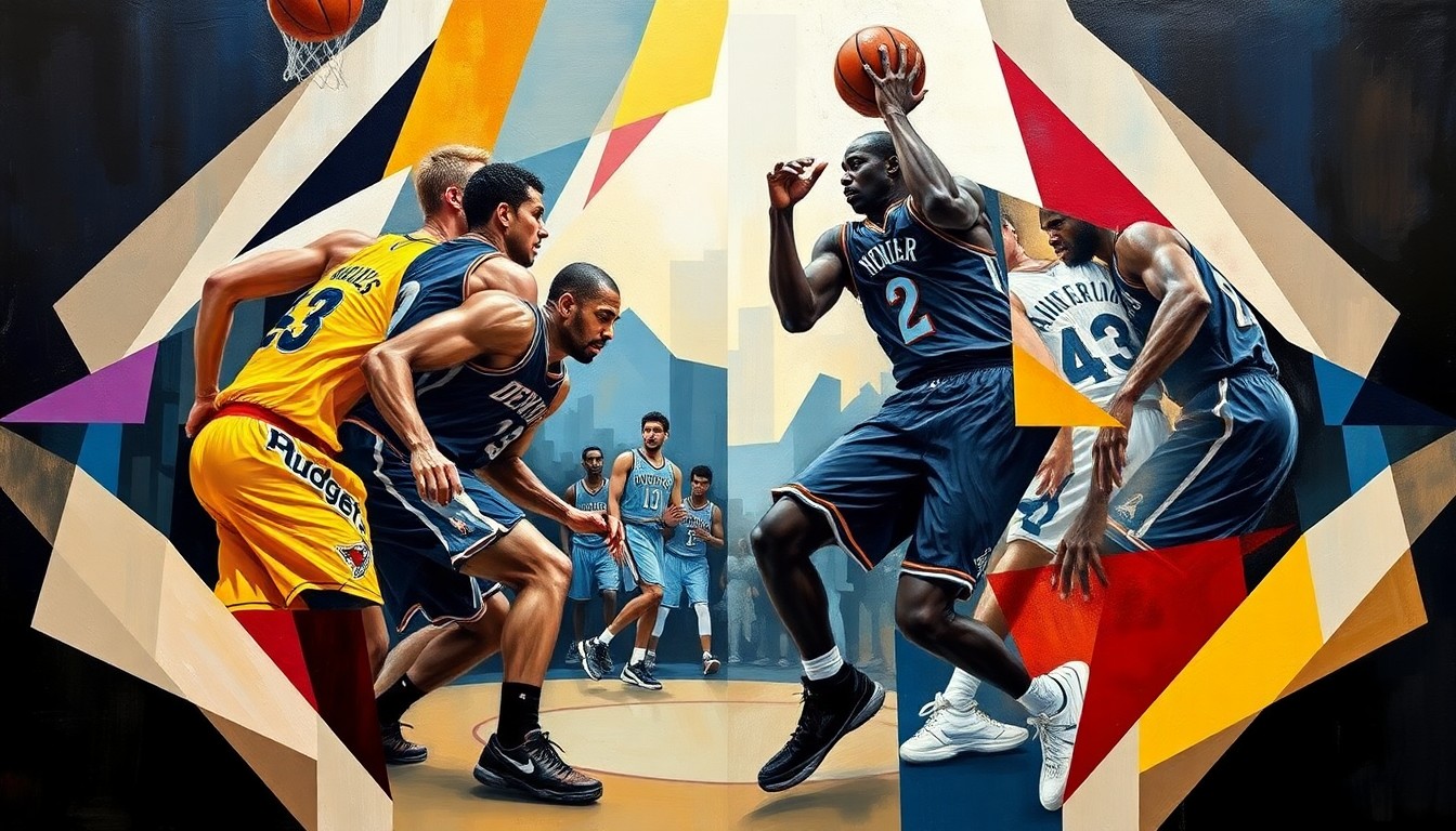 A fractured, cubist-style painting depicting the intense action of a basketball game between the Denver Nuggets and Minnesota Timberwolves, with the players' figures broken down into abstract geometric shapes and forms.