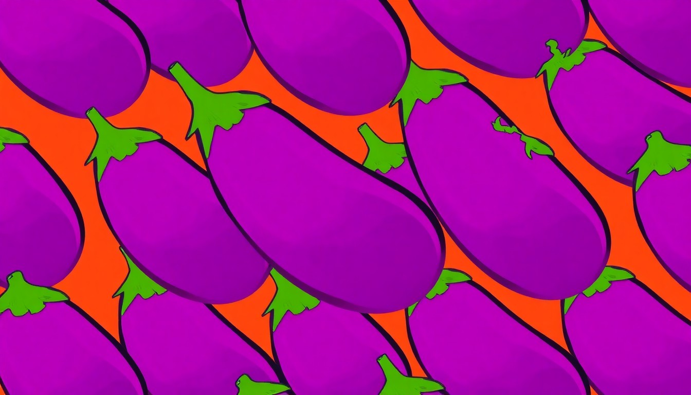 A bold, high-contrast silkscreen illustration featuring a grid of neon purple eggplant slices against a bright yellow background, conceptually representing the vibrant and flavorful vegetarian pizza offered at Modern Apizza.