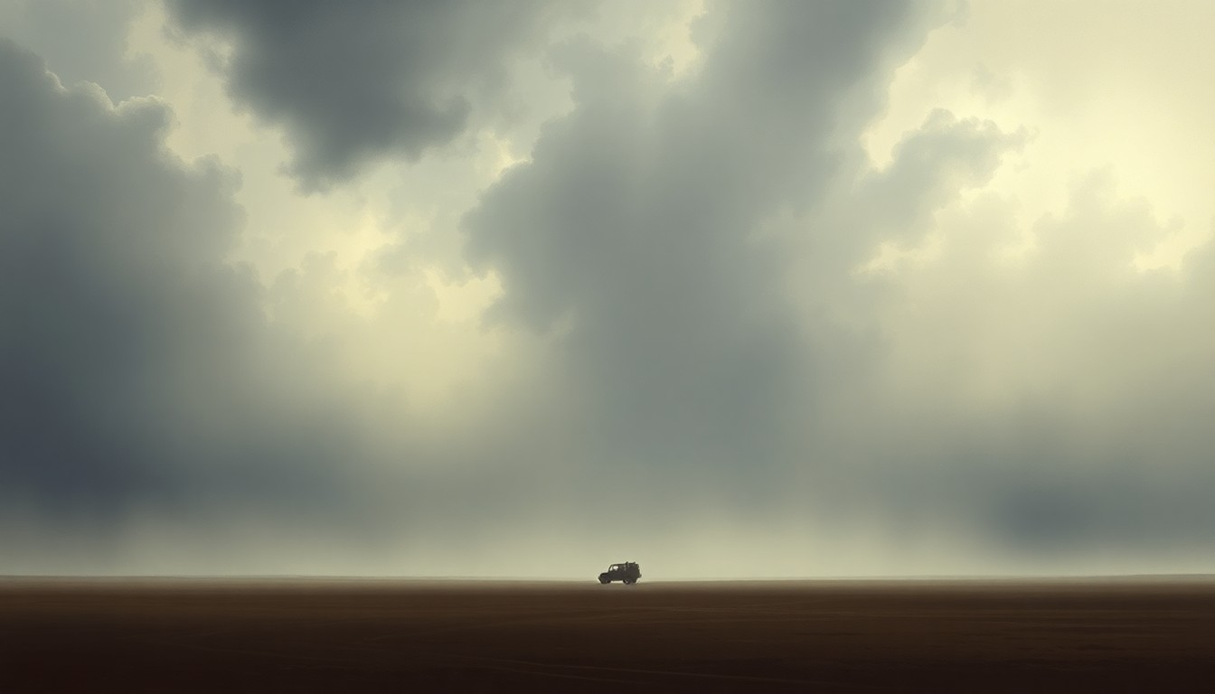 A sweeping, atmospheric landscape painting in muted tones of gray, blue, and green, depicting a vast, stormy horizon over a flat, featureless expanse. A small, indistinct structure or vehicle is barely visible, dwarfed by the overwhelming scale of the natural world.