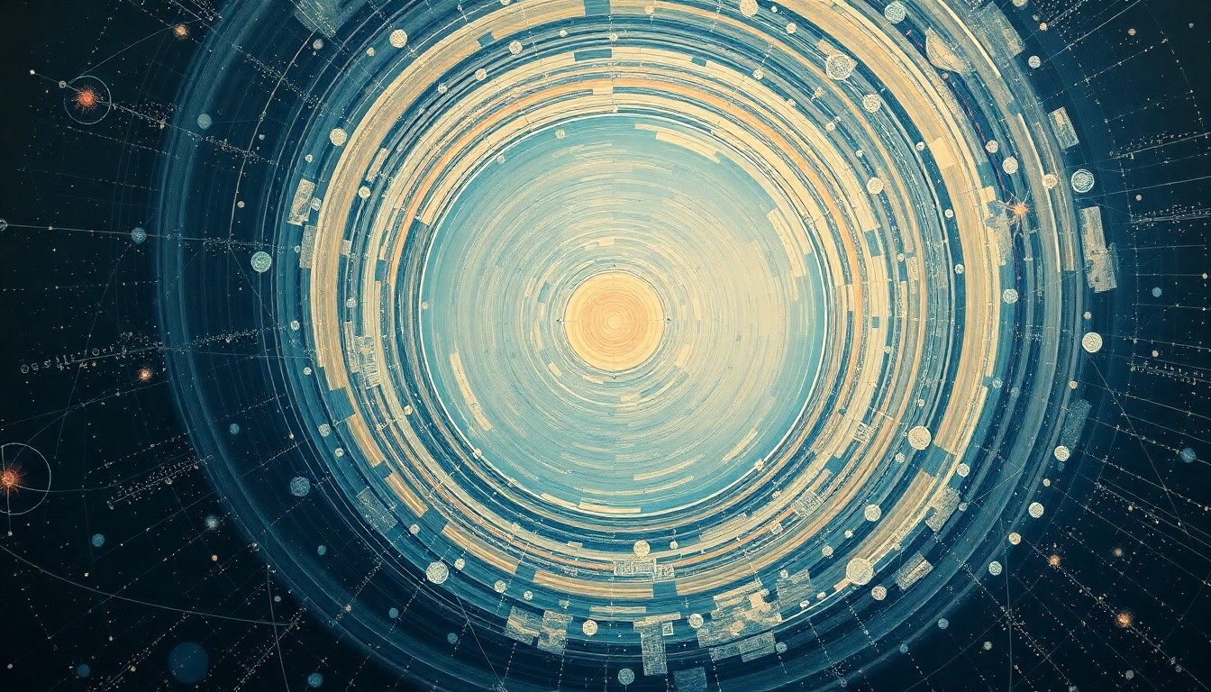 An abstract, highly structured painting in soft colors depicting a complex network of interconnected geometric shapes and spirals, representing the Starlink satellite constellation orbiting the Earth.