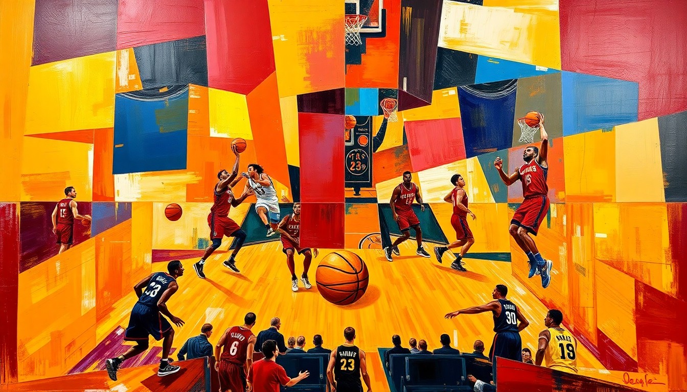 A fragmented, cubist-style painting depicting a basketball game between the Cleveland Cavaliers and Toronto Raptors, with the players and court broken down into sharp, overlapping geometric shapes in the teams' respective colors.