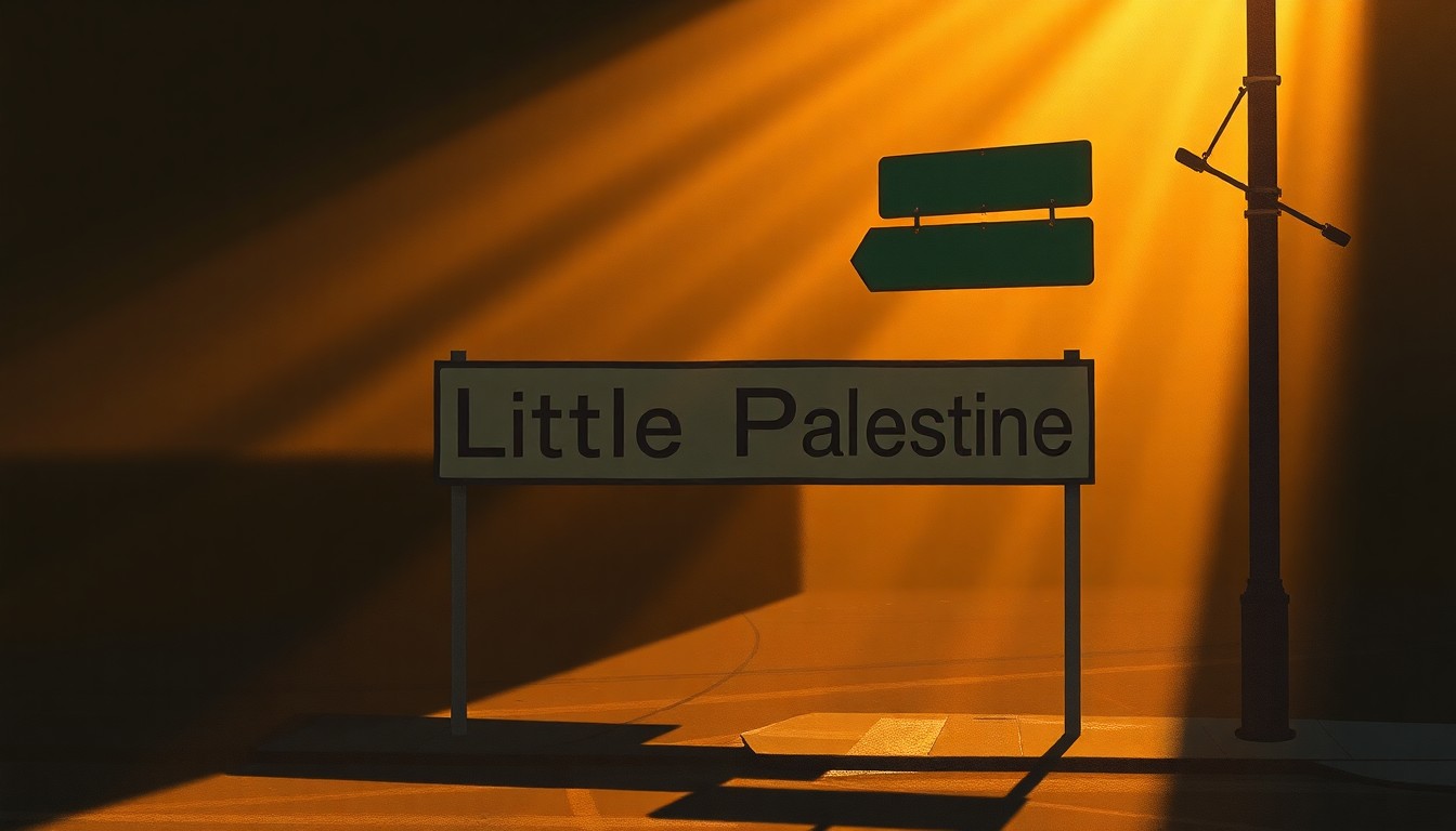 A warm, nostalgic painting of a street sign for 'Little Palestine' glowing in the afternoon sun, conceptually representing the community's efforts to establish cultural recognition.