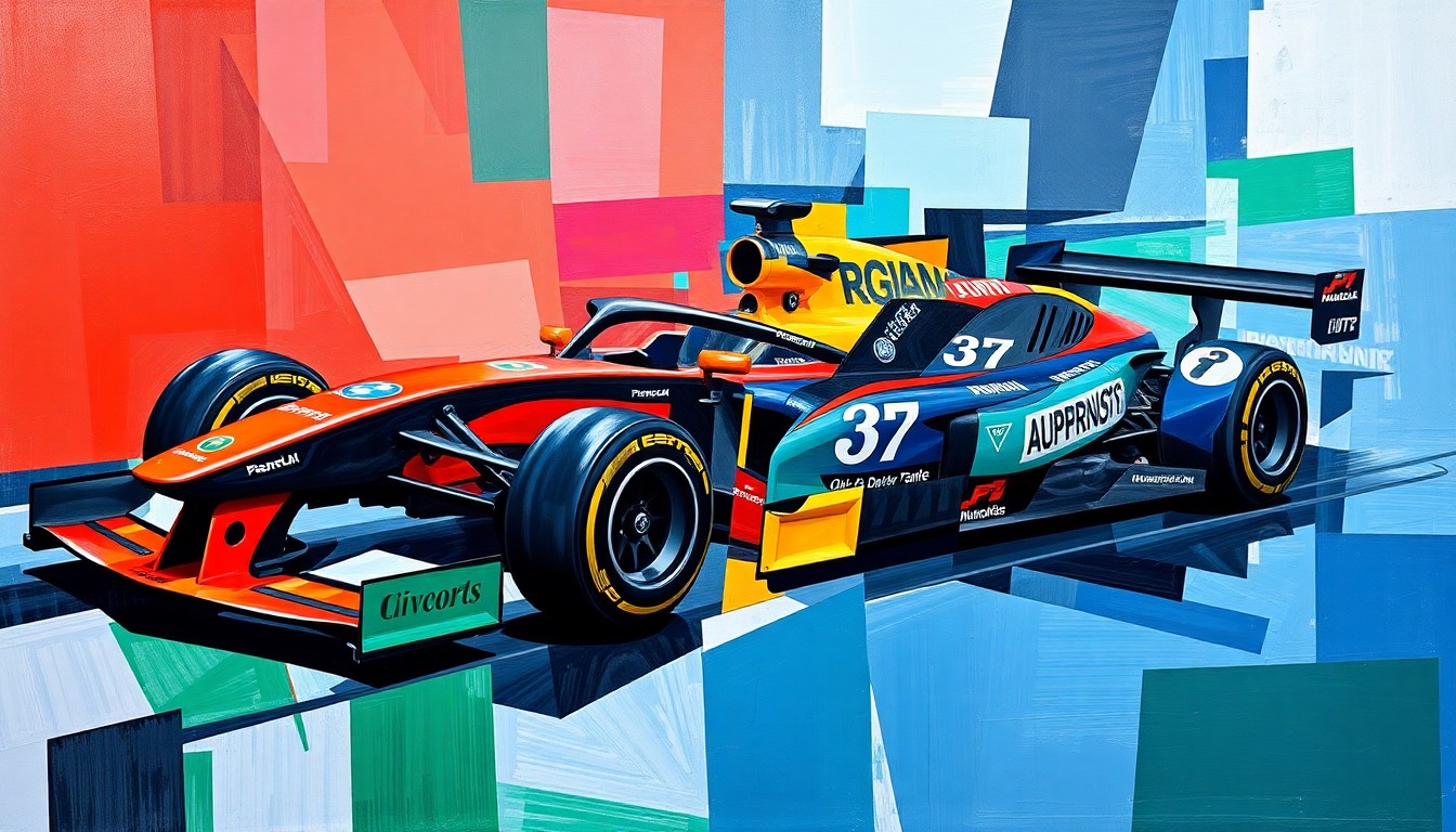 A cubist-style painting depicting the fragmented forms of a Formula 1 car and a GT3 car, with sharp, overlapping geometric shapes in a vibrant color palette, conveying the dynamic nature of the racing world.
