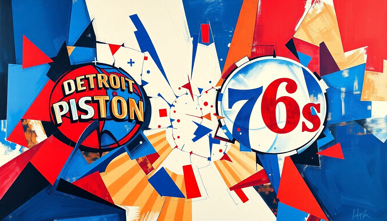 A fractured, cubist-style painting depicting the dynamic action of a basketball game, with sharp geometric planes in the Pistons' blue and red colors and the 76ers' red and blue hues clashing and intertwining, conveying the intensity and high-stakes nature of the matchup.