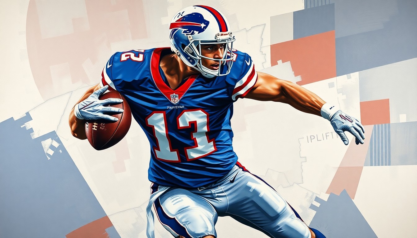 A cubist, geometric painting depicting a football player in mid-action, with their body fractured into overlapping planes of navy blue, red, and white, representing the colors of the Buffalo Bills.