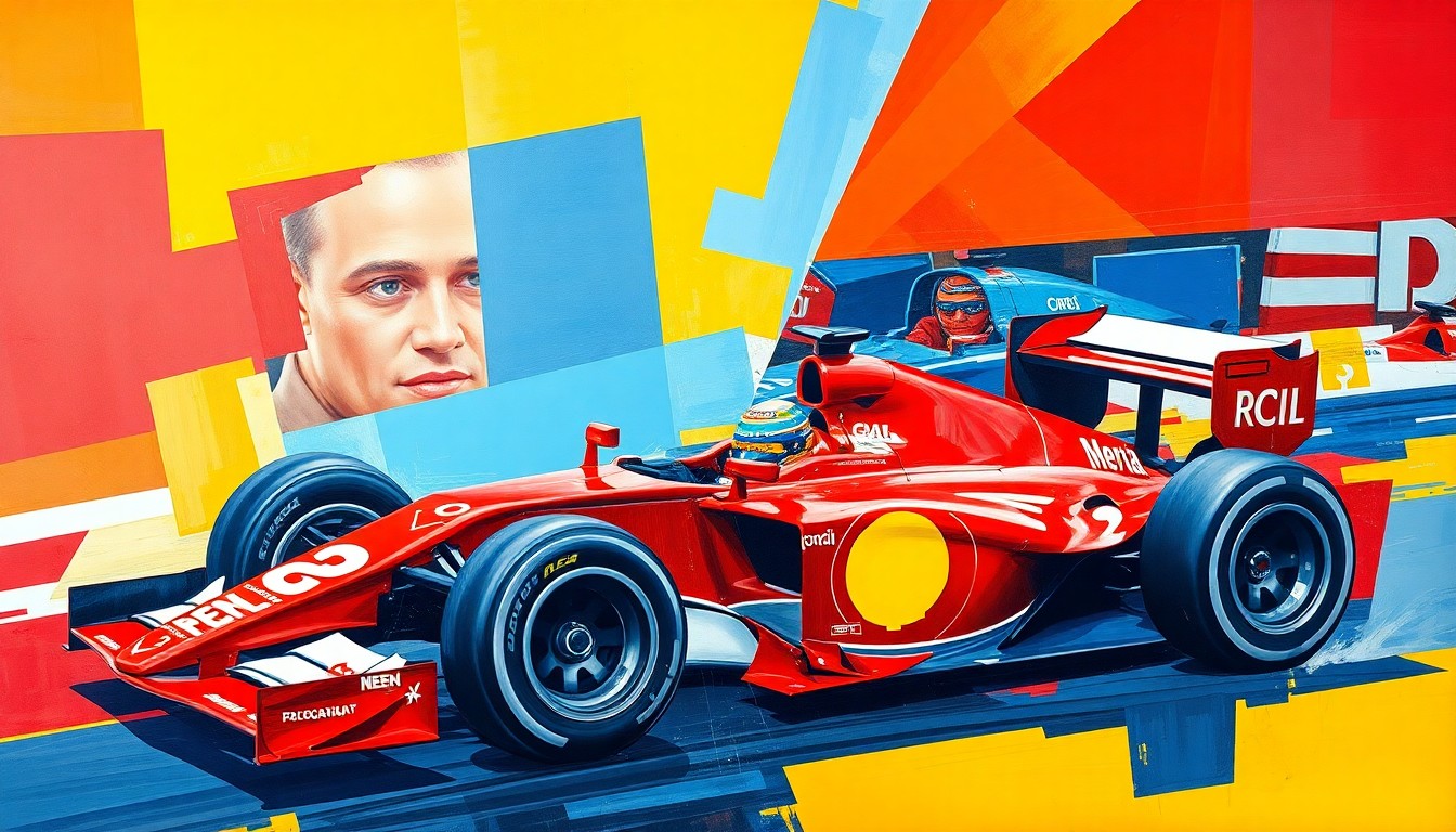 A cubist-style painting depicting a Formula 1 race car broken down into fragmented, overlapping geometric shapes in a vibrant color palette, capturing the dynamic motion and energy of the sport.