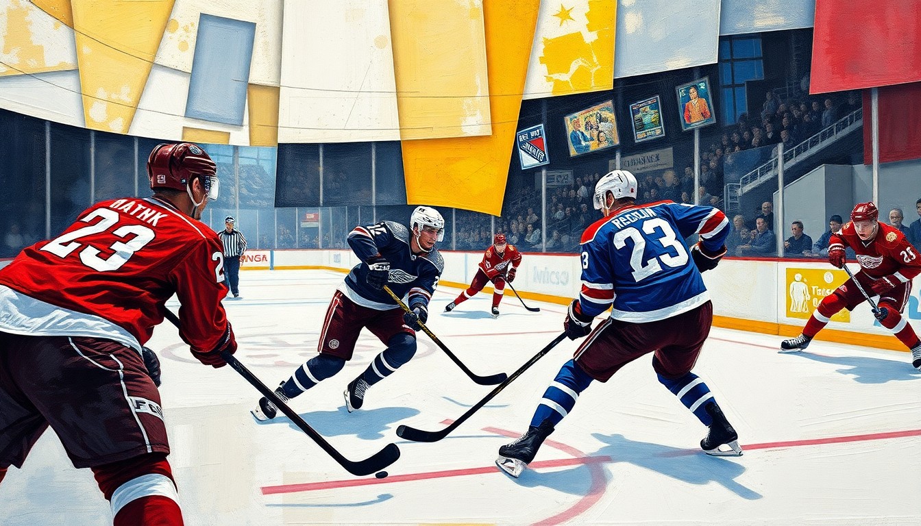 A fractured, multi-perspective painting in the style of Pablo Picasso, breaking down a hockey game into sharp, overlapping geometric planes that capture the raw energy and intensity of the sport.