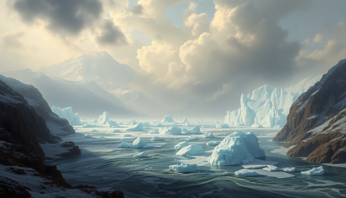 A sweeping, atmospheric landscape painting depicting a swollen, ice-choked river cutting through a vast, desolate wilderness, conveying the overwhelming power of nature.