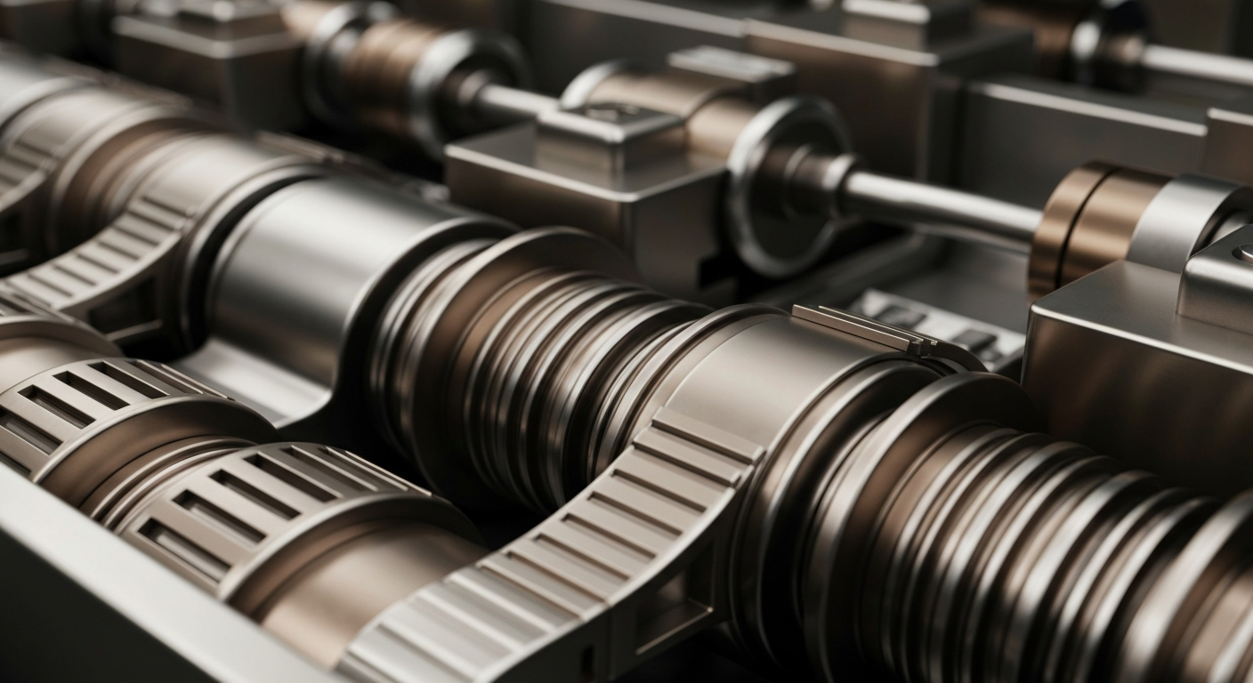 An extreme close-up of intricate, interlocking metal gears and mechanisms in shades of steel grey, bronze, and chrome, conceptually representing the physical infrastructure and security of the global financial system.