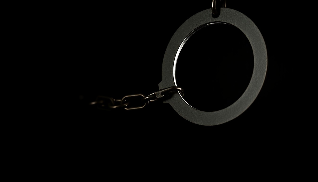 An extreme close-up of a metal handcuff chain, the links and metal reflecting a harsh, direct flash of light against a pitch-black background, conveying the stark, investigative nature of this crime-related arrest.