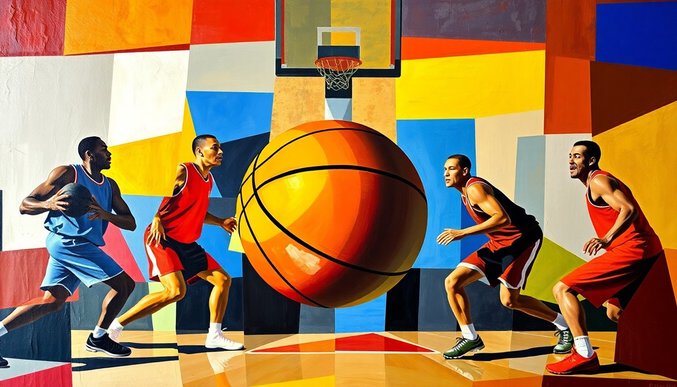 A cubist, geometric painting depicting a basketball game in motion, with the players' forms broken down into overlapping, angular shapes in a vibrant color palette, the basketball itself the central focus.