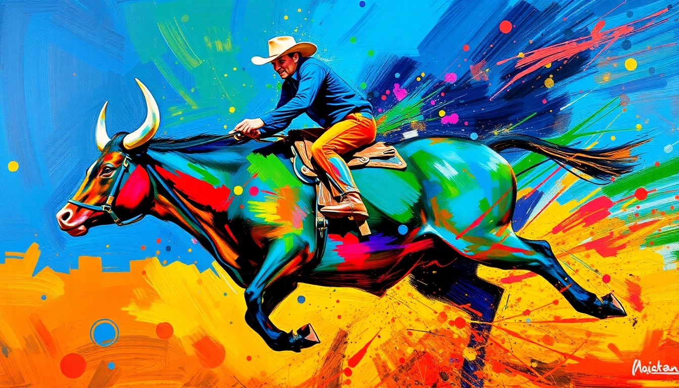 An abstract, energetic painting in neon colors depicting the dynamic motion and raw power of a bull rider in mid-ride, with the rider's form dissolving into expressive brushstrokes.