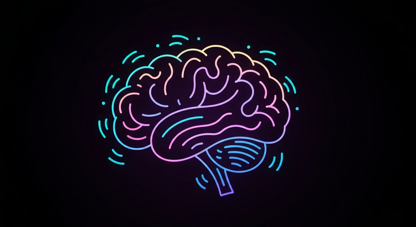 An abstract illustration of a brain-related medical object, such as a neuron or synaptic connection, defined by bright neon lines against a dark background, conveying the innovative and energetic nature of Lundbeck's neuroscience research.