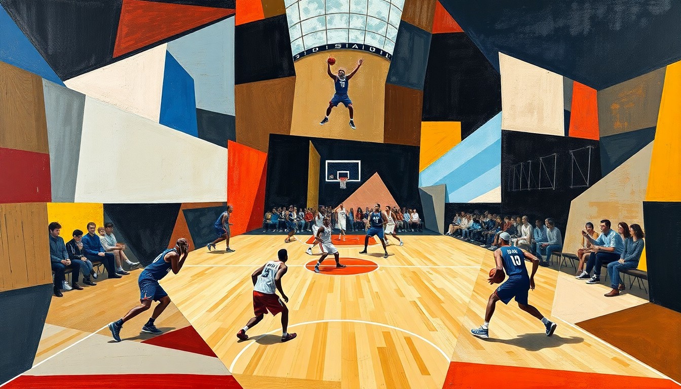 A cubist, geometric painting depicting a basketball game in abstract, overlapping shapes and planes of color, representing the fragility of the Lakers' playoff chances.