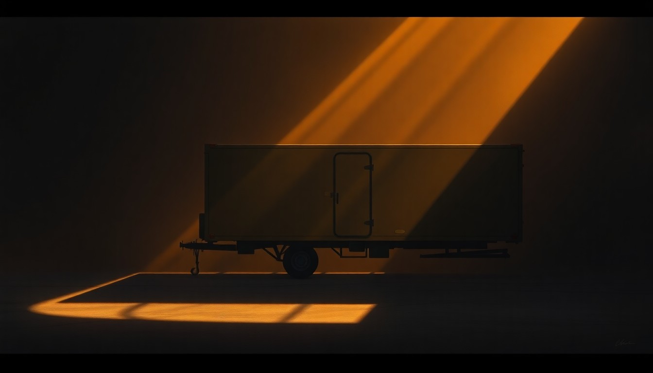 A photorealistic painting in the style of Edward Hopper, depicting a solitary military operations trailer in a desert landscape, with warm sunlight casting deep shadows across the scene, conveying a sense of quiet contemplation on the human toll of conflict.