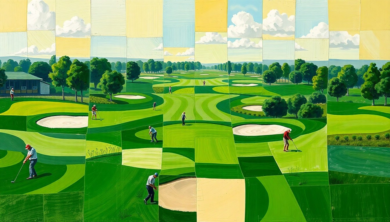 A cubist, geometric painting depicting a high school golf tournament, with overlapping planes of green fairways, sand traps, and golfers in motion, creating a dynamic, fragmented visual representation of the competitive event.