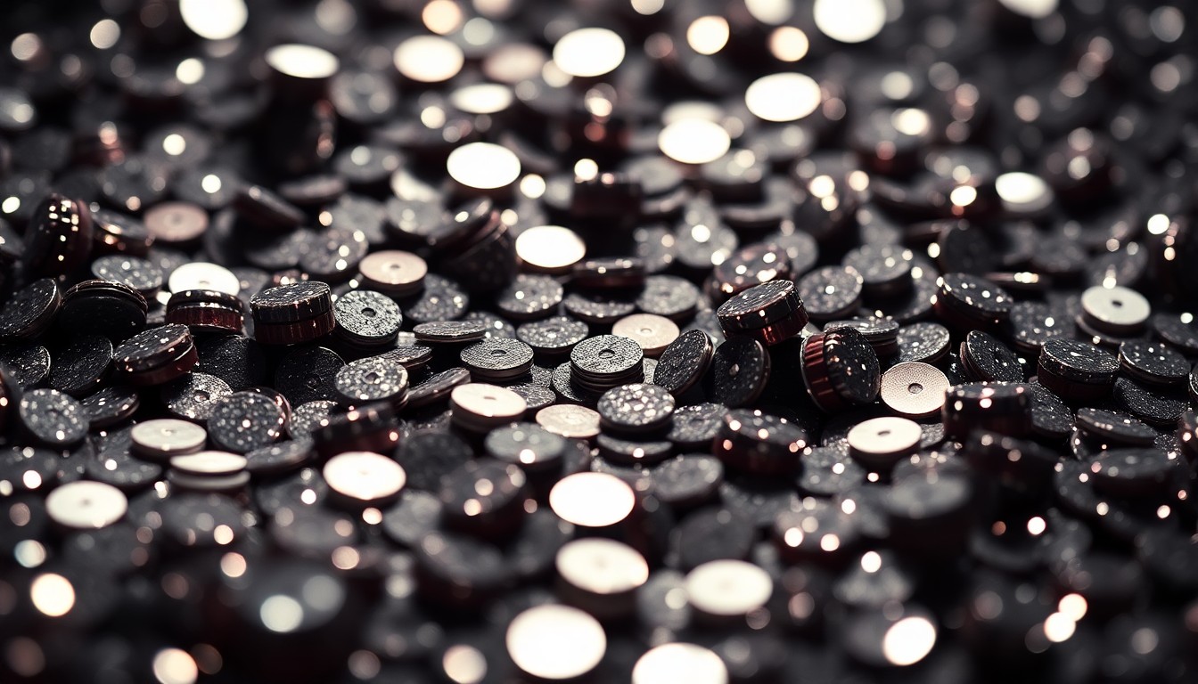 An extreme close-up photograph of shimmering, glittering sequins in dramatic, high-contrast studio lighting, conceptually representing the opulent aesthetics of 1980s hair metal music.
