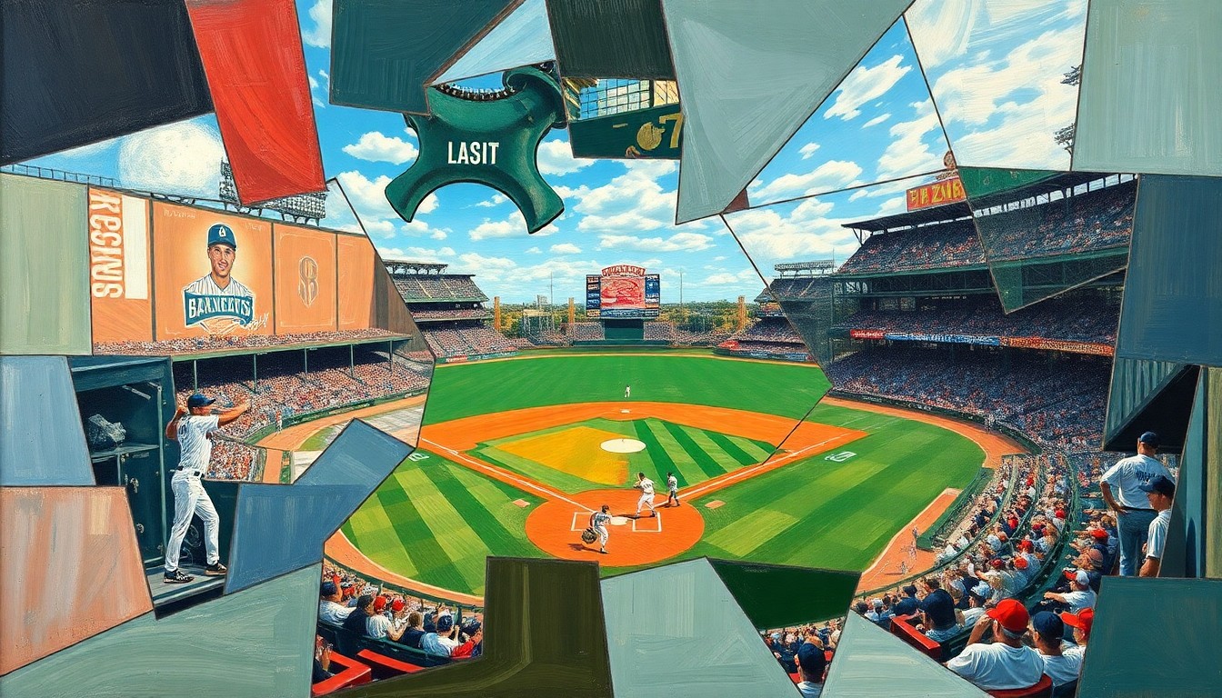 A cubist, geometric painting depicting a baseball game or match, with overlapping planes and shapes representing the dynamic action and shifting fortunes of the sport.
