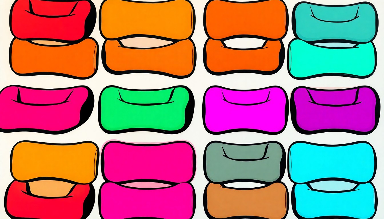 A brightly colored, high-contrast silkscreen-style illustration of a Caldera Releaf Neck Rest product repeated in a tight grid pattern, conceptually representing the brand's focus on turning everyday wellness items into modern, eye-catching design.