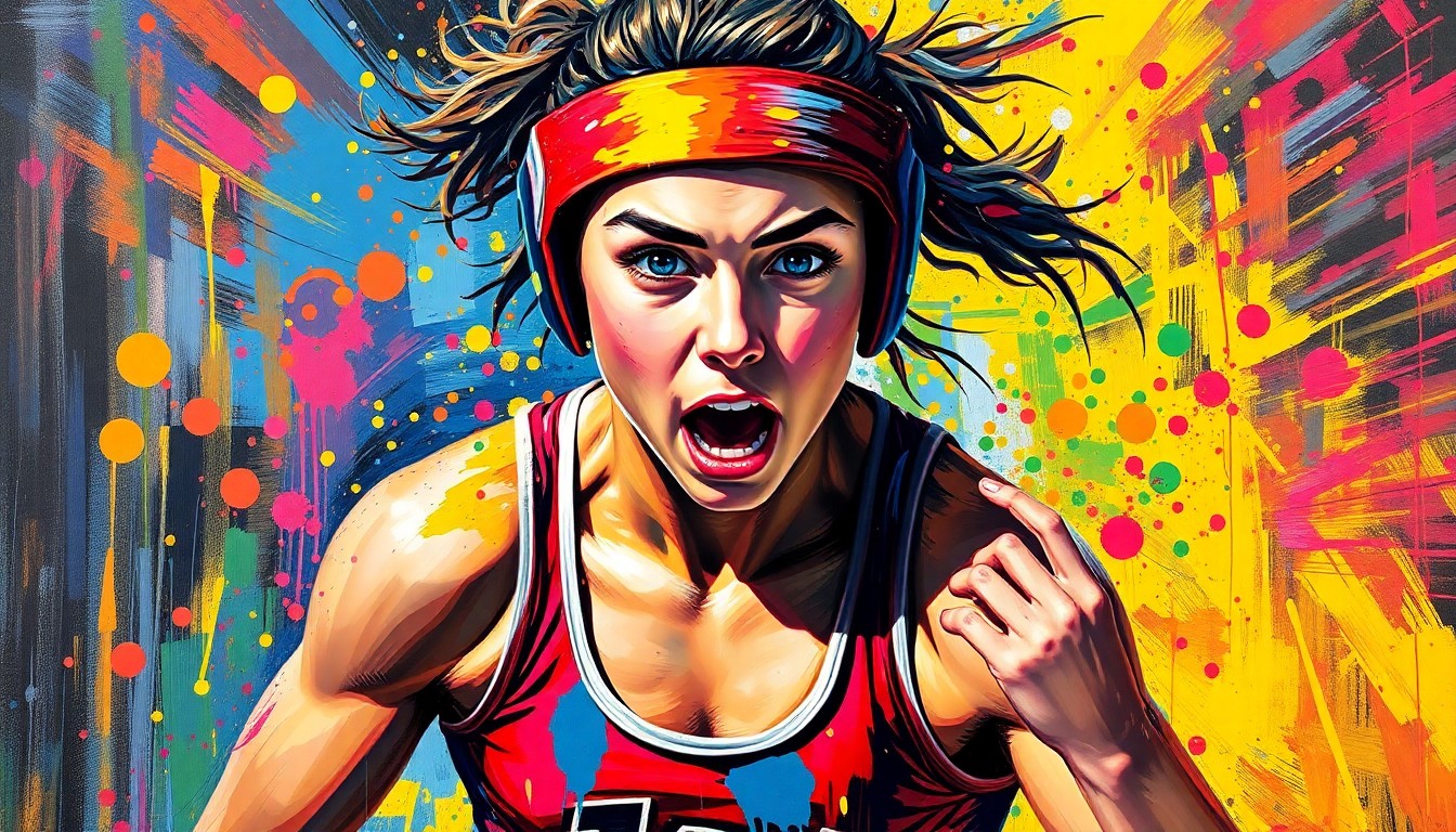 An abstract, energetic painting in the style of LeRoy Neiman, with rapid brushstrokes and neon colors capturing the dynamic movements of a young female wrestler, her face and uniform dissolving into unrecognizable splatters of paint.