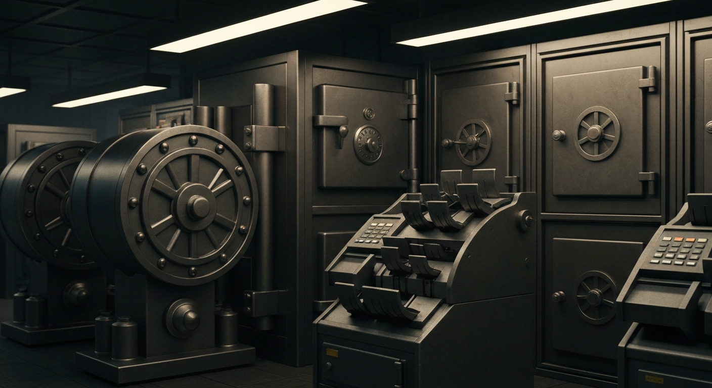 An extreme close-up of industrial banking equipment and machinery, including vaults, safes, and currency counters, all dramatically lit against a dark background, conceptually representing the financial pressures facing the stock market due to rising inflation.