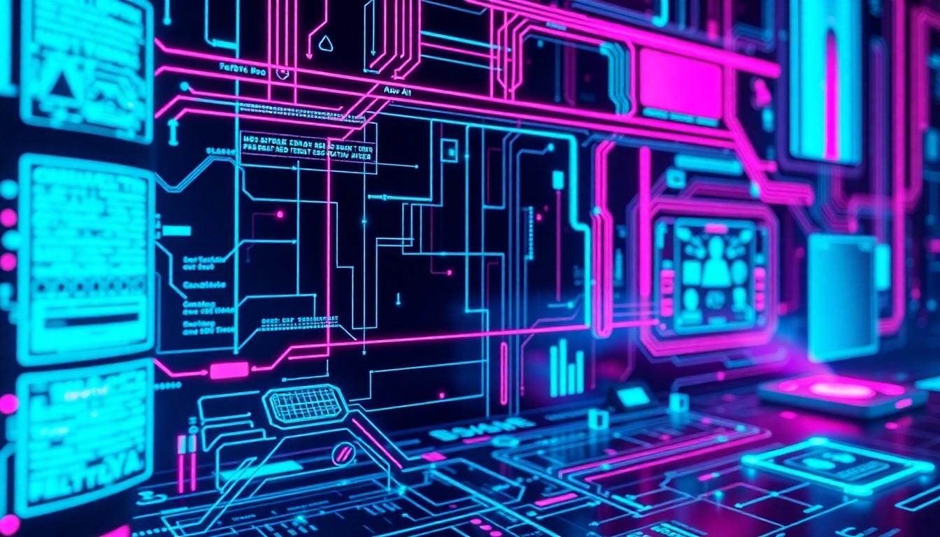 A highly detailed, glowing 3D illustration of a futuristic cybersecurity interface, with neon cyan and magenta lights illuminating various digital components and data streams, conceptually representing the complex interplay between AI, technology, and the growing threat of scams.
