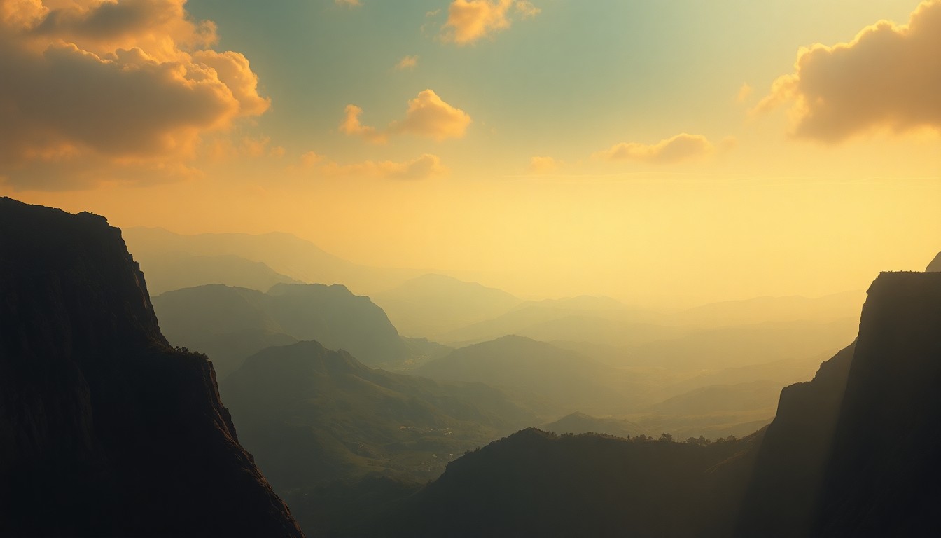 A vast, atmospheric landscape painting in muted tones of gold, ochre, and soft blue, with a distant horizon line obscured by a warm, hazy glow, conveying the sublime scale and power of the natural world on a summer day.