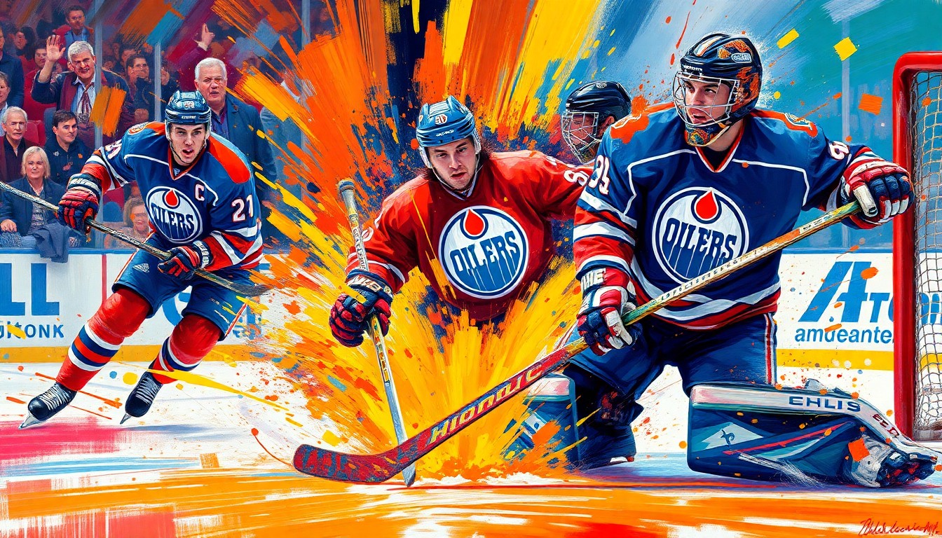 An abstract, expressionist painting in vibrant neon colors depicting the raw energy and movement of a hockey game, with players' forms dissolving into energetic brushstrokes and splashes of color, conceptually representing the Oilers' shutout victory.