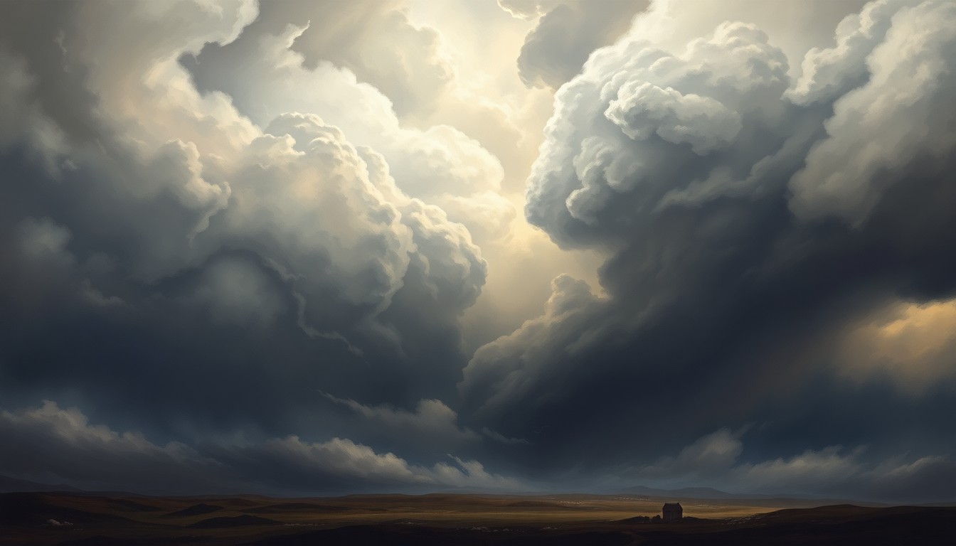 A sweeping, majestic landscape painting in muted tones, with a massive, swirling storm system dominating the frame and dwarfing any physical structures or objects, conveying the overwhelming scale and power of extreme weather conditions.