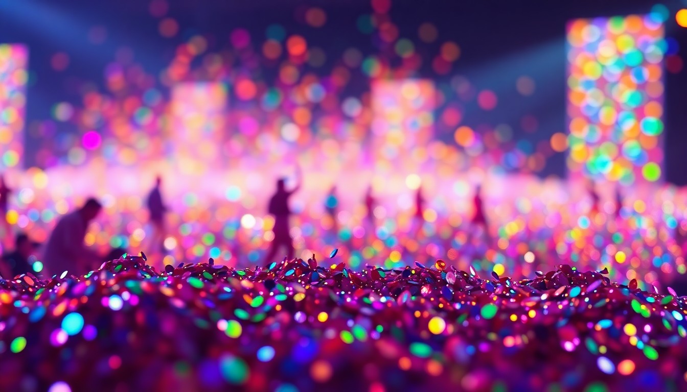 An abstract close-up photograph of shimmering, multicolored sequins under dramatic studio lighting, conveying the glamour and energy of a major music festival performance.