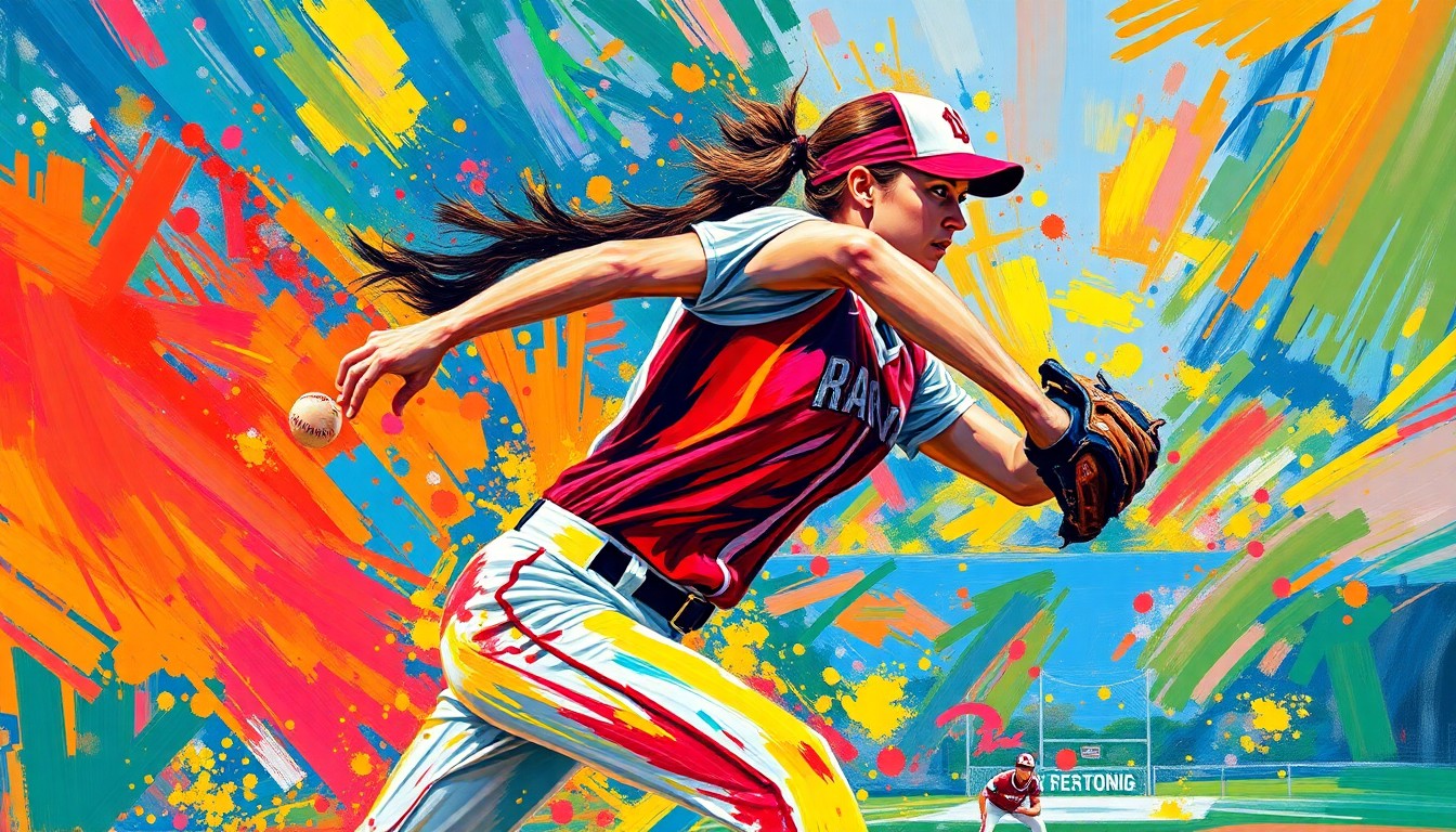An abstract, expressionist painting in neon colors depicting the powerful pitching motion of a softball player, with the batter and catcher blurred into the background, conveying the raw energy and momentum of the game.