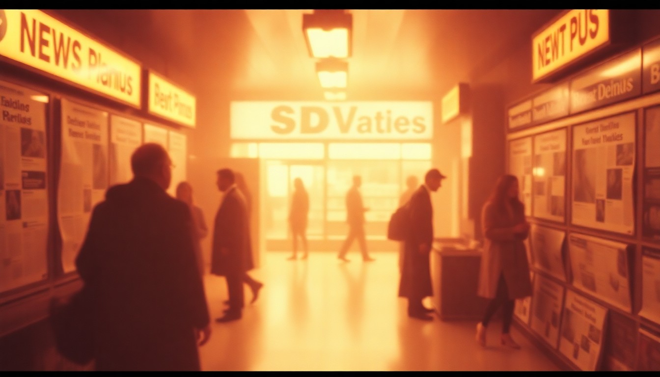 A soft, impressionistic photograph in warm, hazy tones depicting the blurred silhouettes of people and the faint outline of newspaper headlines, evoking a nostalgic, dreamlike scene of a 1970s-era newsroom or newspaper stand.