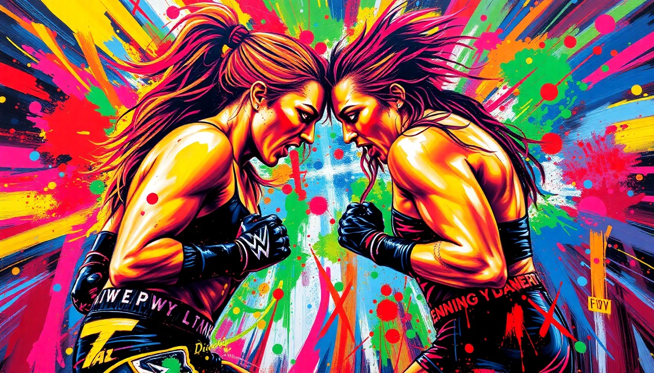An abstract, expressionist painting featuring vibrant brushstrokes of neon colors capturing the dynamic movements and energy of a wrestling match, with the faces and identities of the wrestlers blurred and obscured.