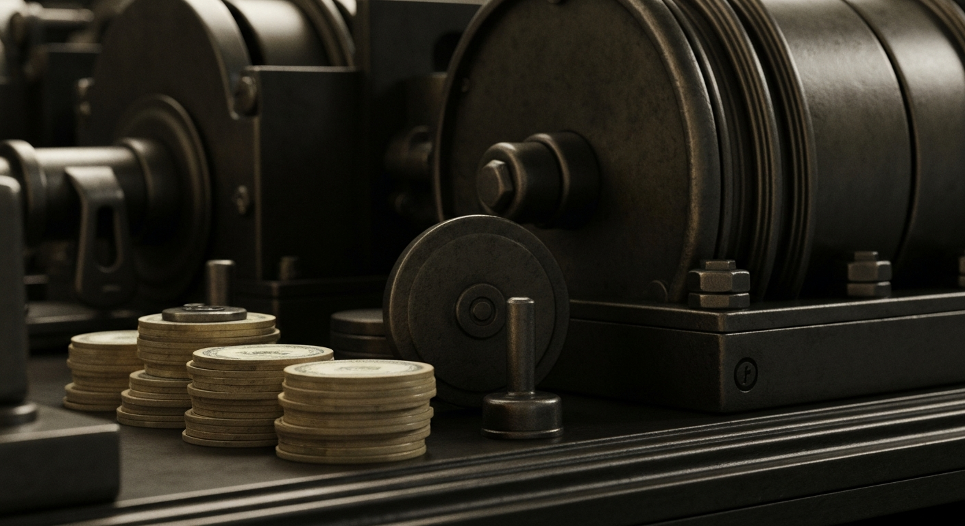 An extreme close-up of intricate, metallic banking machinery and mechanisms, conveying a sense of financial security and institutional power without the use of literal currency or symbols.