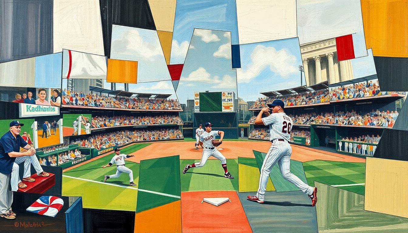 A cubist-style painting depicting a baseball game or action, with the players and field broken down into sharp, overlapping geometric shapes in a vibrant color palette, conveying the complexity and energy of the sport.