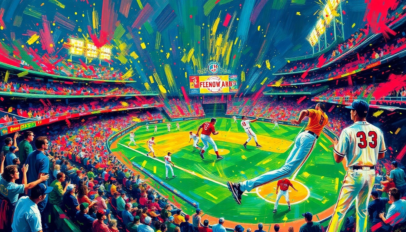 An abstract, energetic painting featuring bold, neon-colored brushstrokes that capture the dynamic movement and emotion of a baseball game, with players' figures and the crowd's energy blending together in a vibrant, expressionistic style.