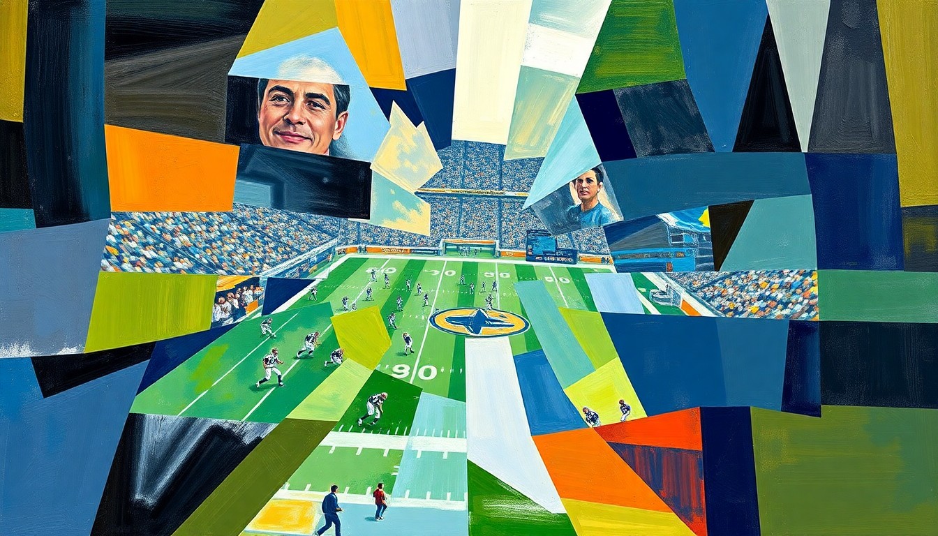 A cubist, geometric painting depicting a fragmented, multi-angled view of a Dallas Cowboys football game, conceptually representing the team's complex roster decisions ahead of the 2026 NFL Draft.