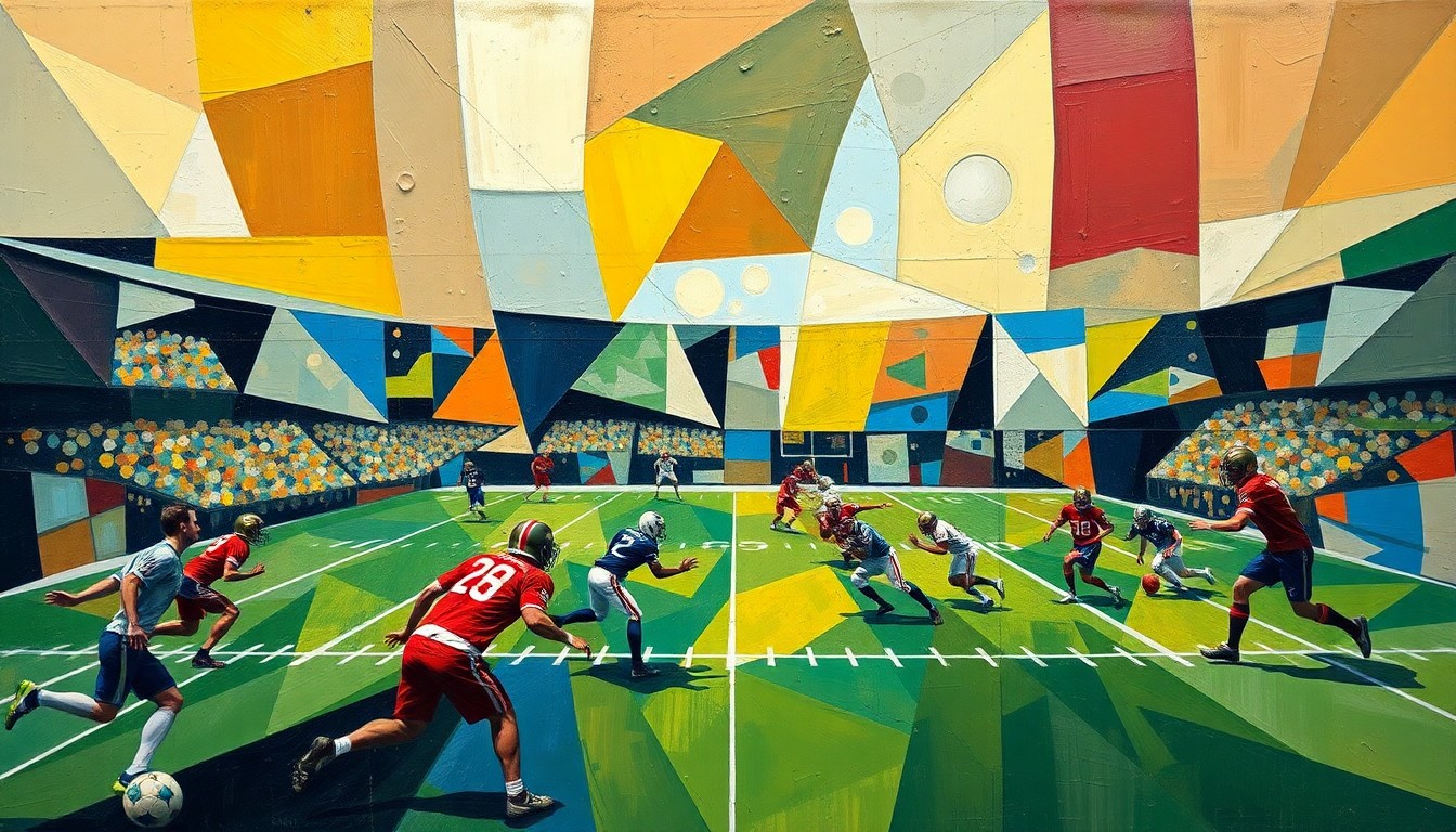 A fractured, multi-perspective painting in the style of Pablo Picasso, breaking down a football game into sharp, overlapping geometric planes of color and abstract shapes, capturing the energy and dynamics of the sport.
