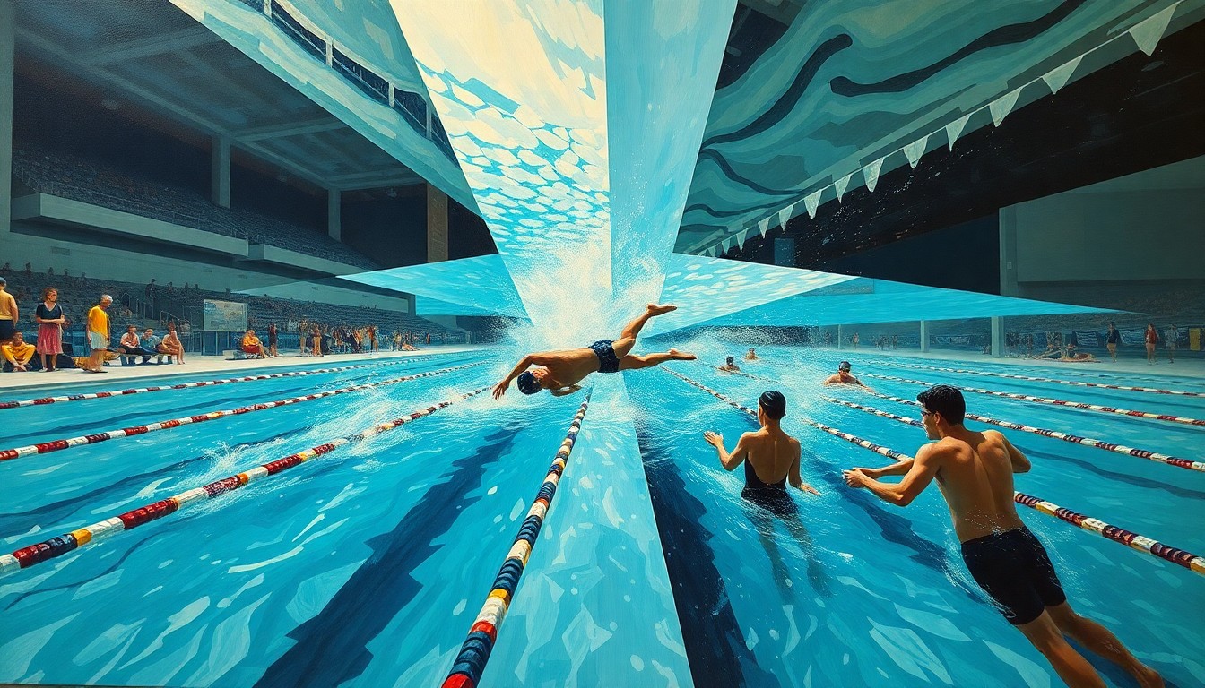 A cubist-style painting depicting a fragmented, multi-angled view of a swimming competition, with sharp geometric shapes and planes representing the dynamic movements and competitive nature of the sport.