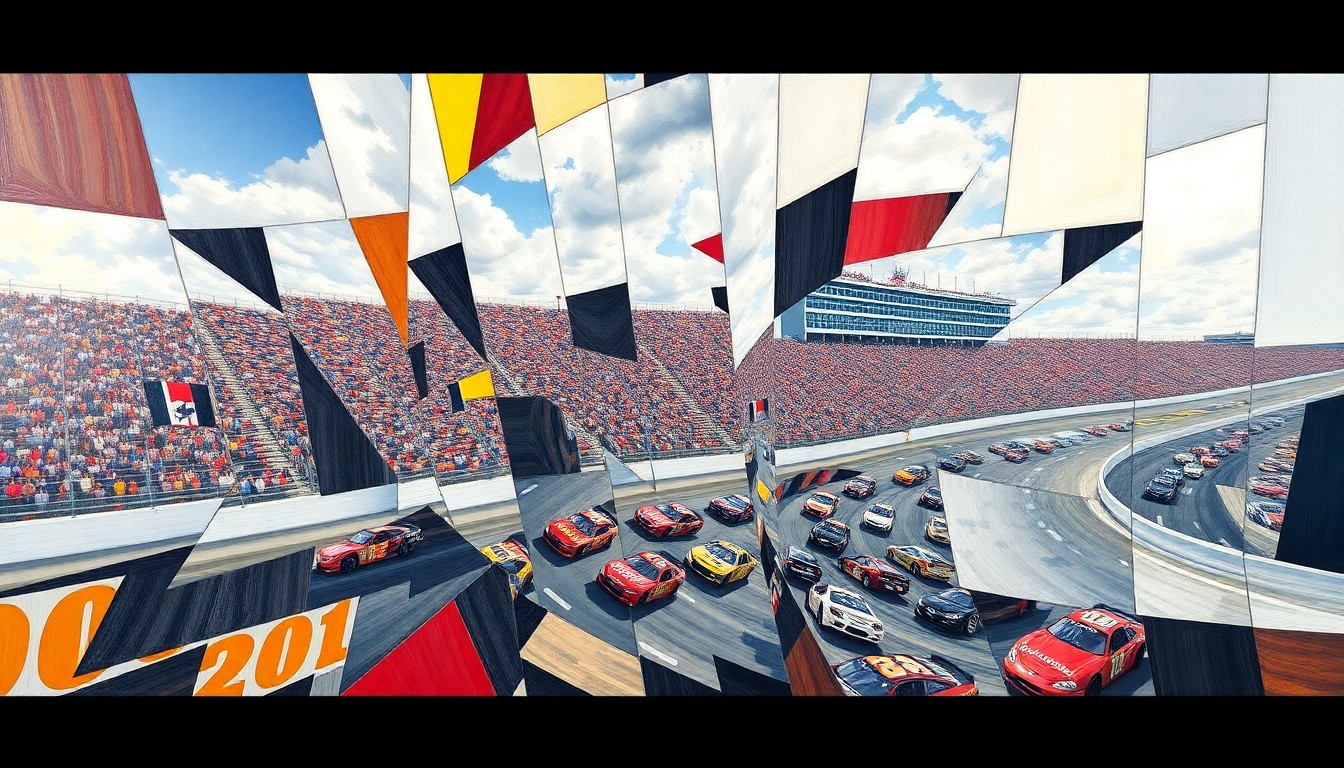 A fractured, multi-perspective painting in bold, angular shapes and planes of color, depicting the high-speed action and dramatic moments of a NASCAR race at Bristol Motor Speedway.