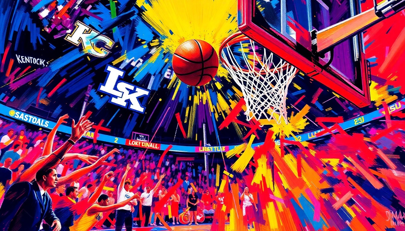 An abstract, expressionist painting in neon colors depicting the dramatic final moments of a basketball game, with the ball swishing through the net as the buzzer sounds, capturing the raw energy and excitement of the game-winning shot.