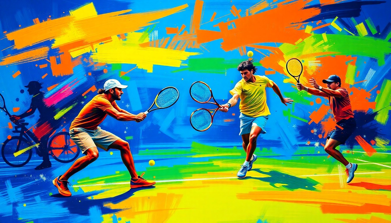 An abstract, neon-colored painting with rapid, expressive brushstrokes depicting the intense energy and movement of a high-stakes tennis match between two players.