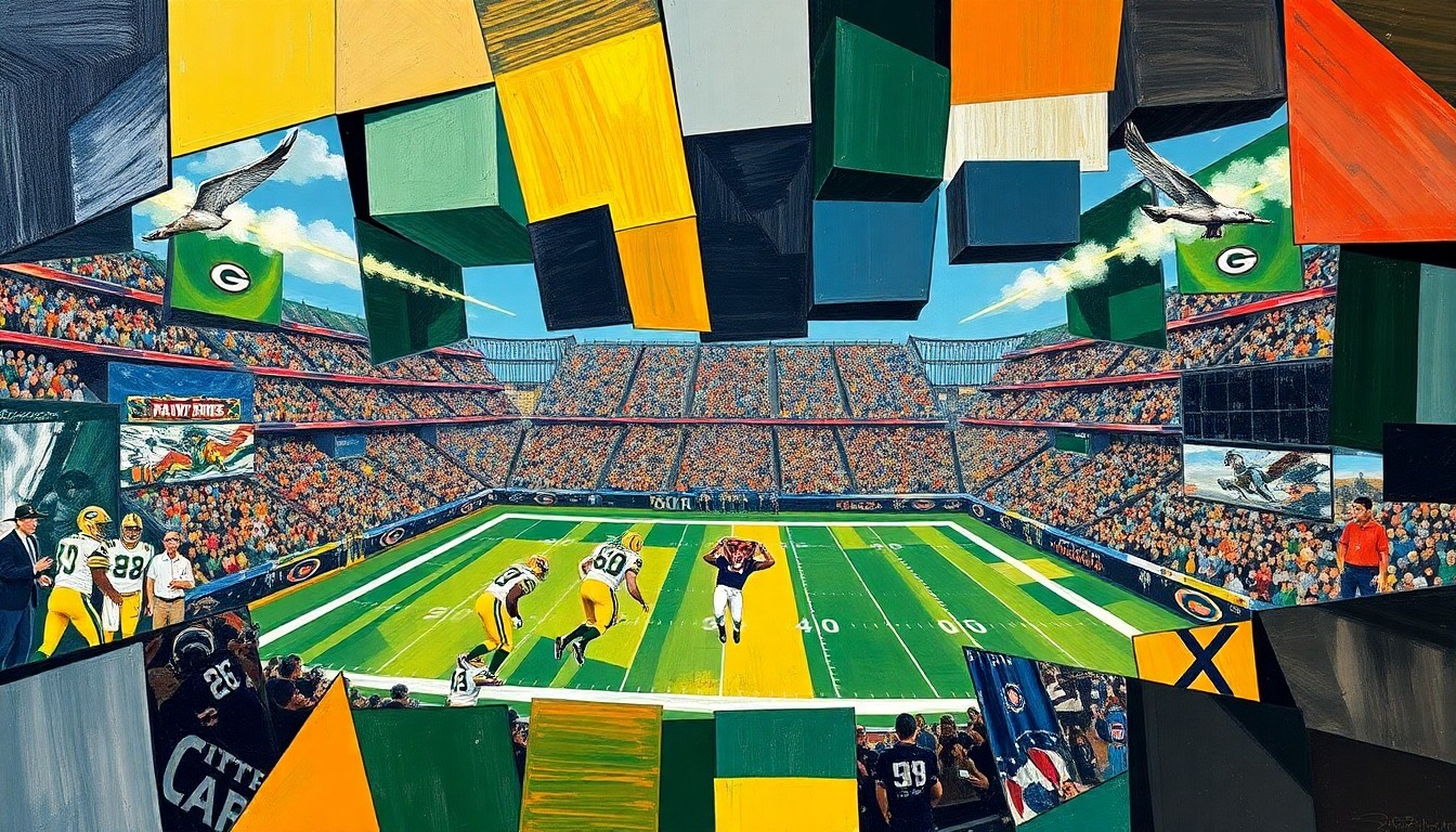 A fragmented, geometric painting depicting a football game, with sharp, overlapping planes of color and form representing the intensity and uncertainty of the Packers-Bears matchup.