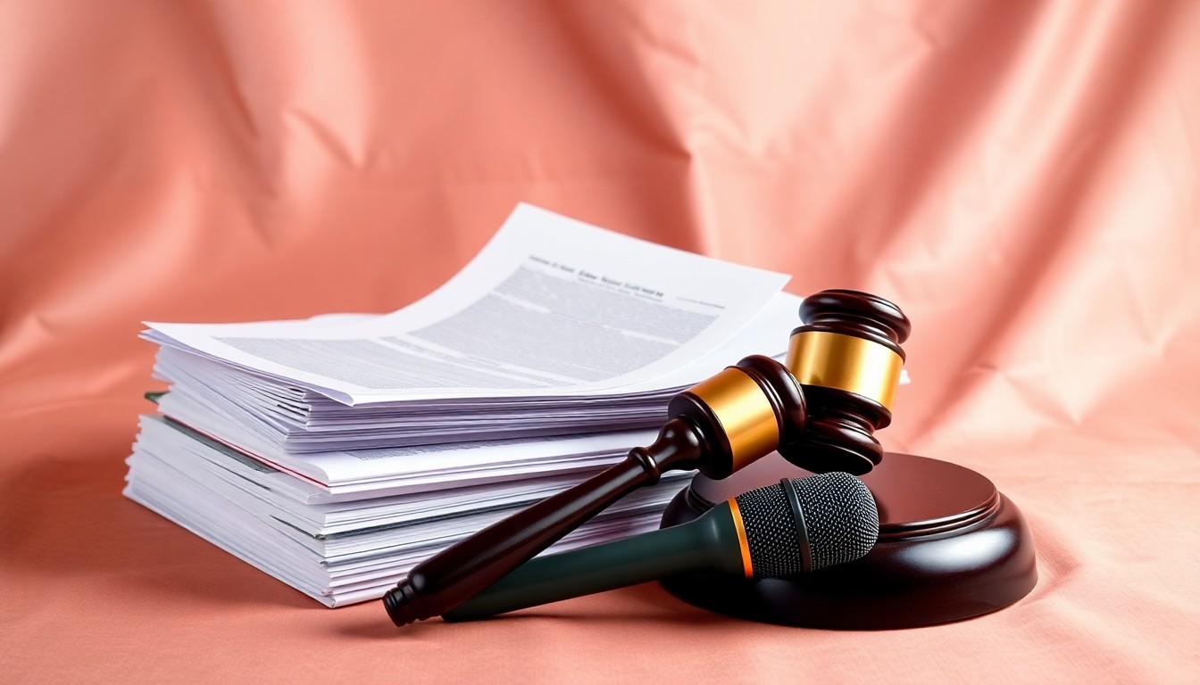 A high-end, photorealistic studio still-life photograph featuring a stack of legal documents, a gavel, and a microphone on a clean, monochromatic background, conceptually representing the legal challenges and public debate surrounding the FCC's approval of the Nexstar-Tegna merger.