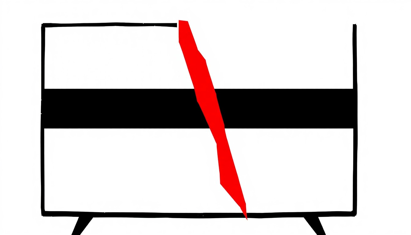 A minimalist, abstract illustration featuring a bold, jagged silhouette of a television set in black and white, with a single red slash cutting through the center, conveying a sense of disruption and turmoil within the CBS News organization.